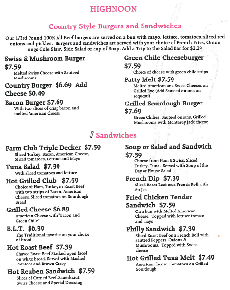 Country Burgers and Sandwiches